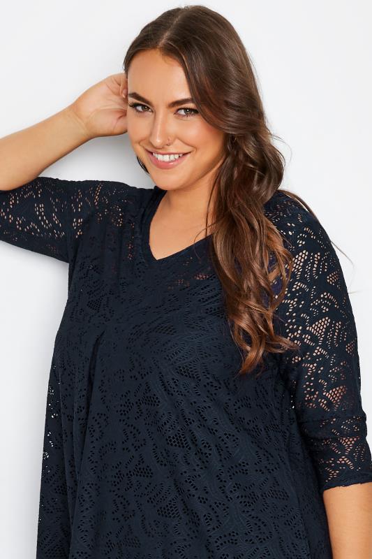Plus Size Navy Blue Broderie Anglaise V-Neck Top | Yours Clothing 4