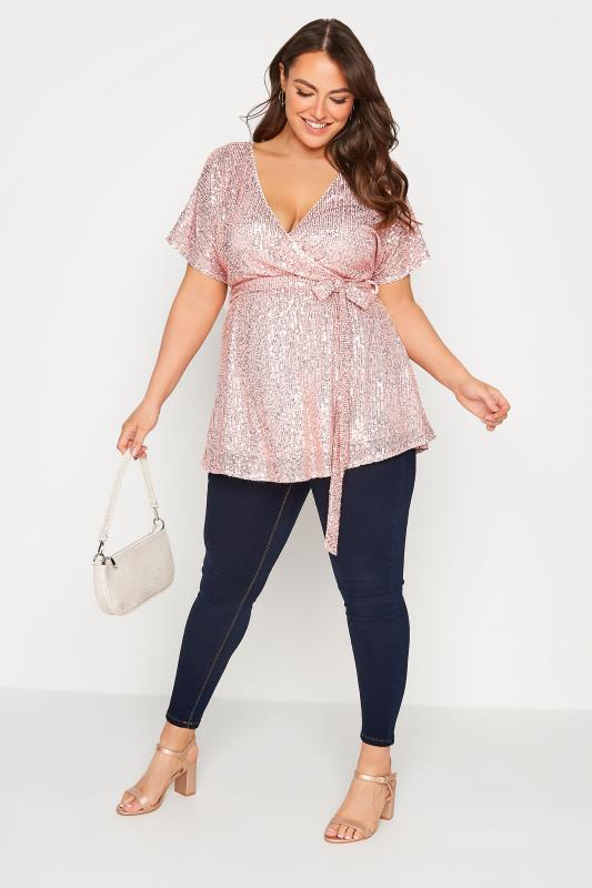 YOURS LONDON Curve Pink Sequin Embellished Wrap Top 2