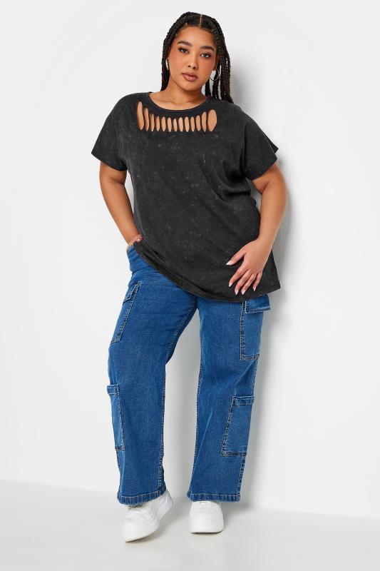 YOURS Plus Size Grey Acid Wash Cut Out Top | Yours Clothing 3