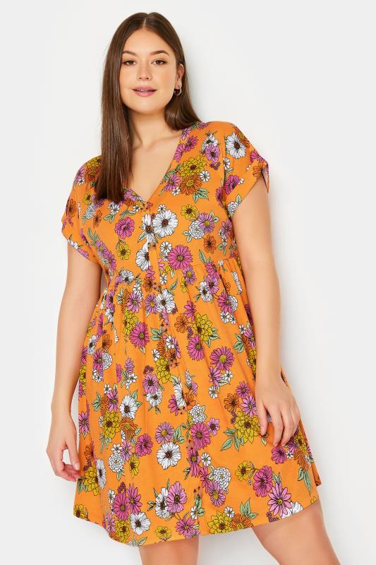 Plus Size  YOURS Curve Orange Floral Print Button Front Smock Dress