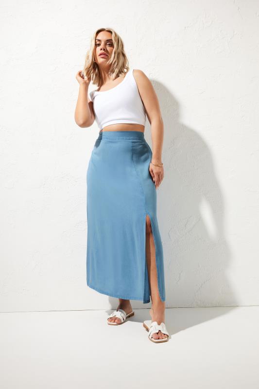 YOURS Plus Size Blue Chambray Maxi Skirt | Yours Clothing 1