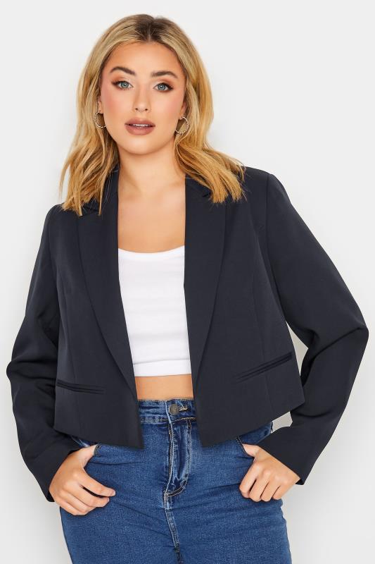 YOURS Plus Size Curve Navy Blue Cropped Blazer | Yours Clothing  1