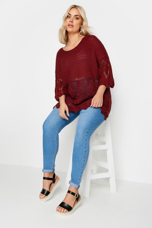YOURS Plus Size Red Crochet Detail Jumper | Yours Clothing 4