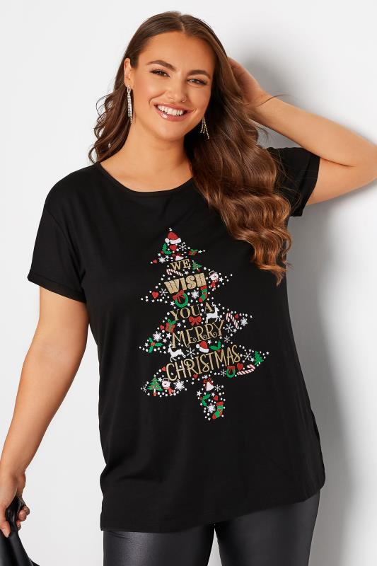 Plus Size Black 'Merry Christmas' Glitter Slogan Christmas T-Shirt | Yours Clothing 1