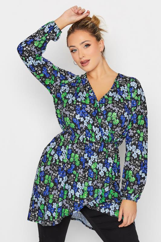 LIMITED COLLECTION Plus Size Blue Floral Print Wrap Top | Yours Clothing 1