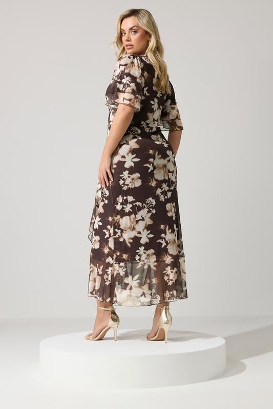 YOURS LONDON Plus Size Chocolate Brown Blurred Floral Wrap Dress | Yours Clothing 2