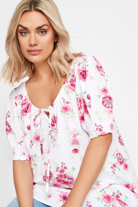 YOURS Plus Size White & Pink Floral Print Tie Neck Top | Yours Clothing 4