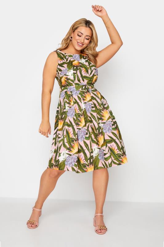 Plus Size Pink Leaf Print Skater Dress | Yours Clothing 1