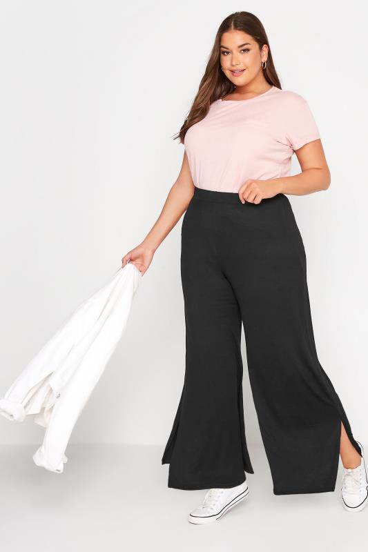 Plus Size Black Side Split Wide Leg Trousers | Yours Clothing 2