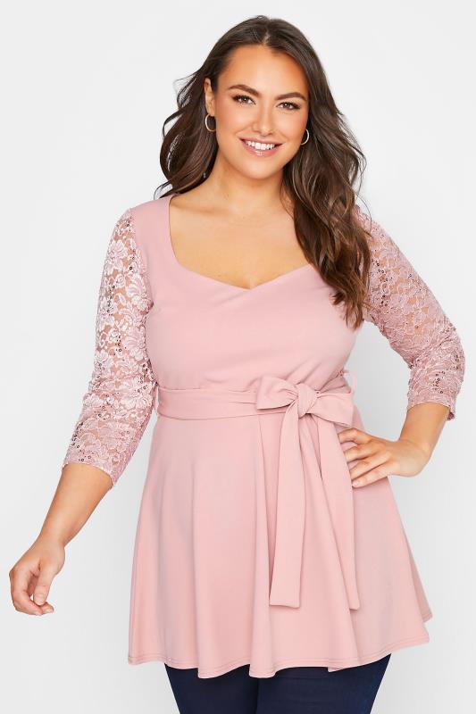 YOURS LONDON Plus Size Pink Lace Sequin Sleeve Peplum Top | Yours Clothing  1
