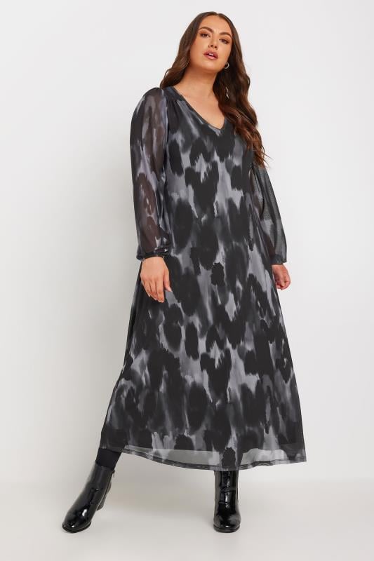  YOURS Curve Grey Leopard Print Mesh Maxi Dress