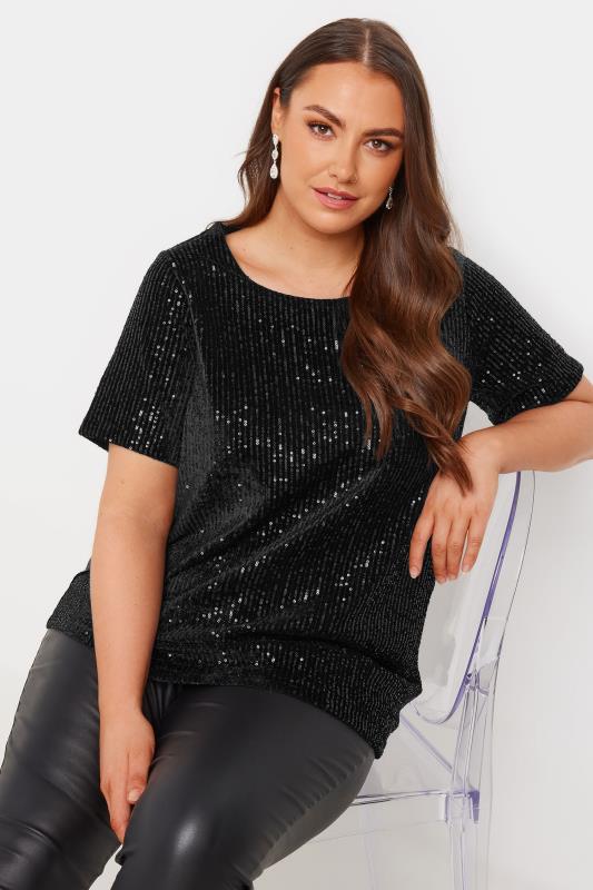 YOURS Plus Size Black Short Sleeve Velvet Sequin Top | Yours Clothing 1