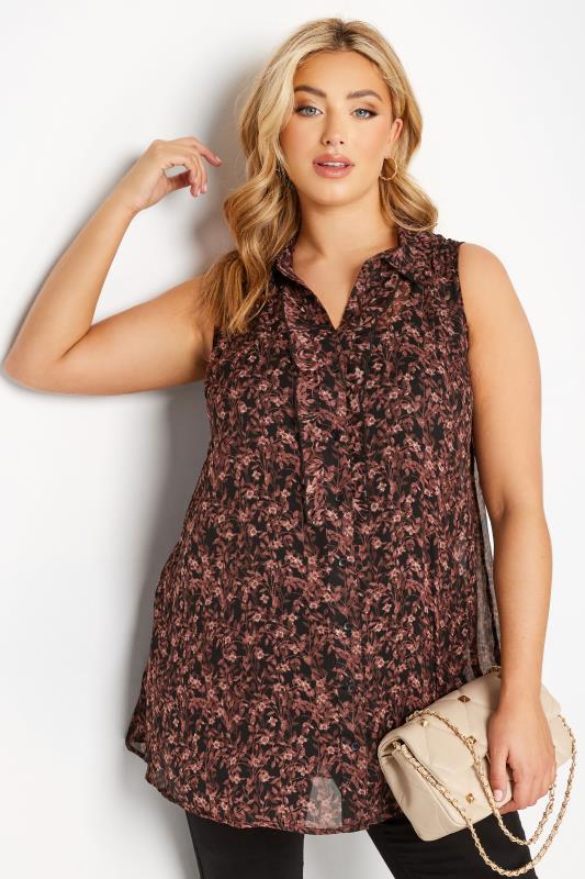 Plus Size Black & Red Floral Print Sleeveless Swing Blouse | Yours Clothing 1