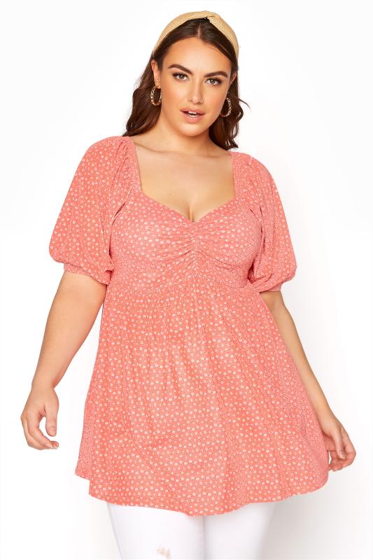 Plus Size  Coral Ditsy Print Milkmaid Top