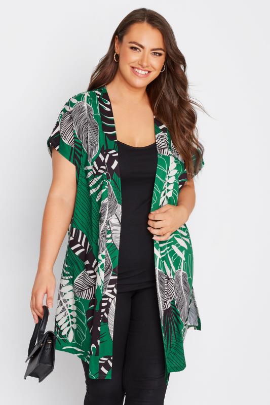 Plus Size Green Leaf Print Grown On Sleeve Kimono | Yours Clothing 1