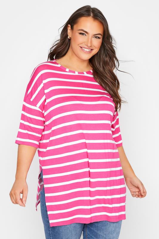 Plus Size Hot Pink & White Stripe Oversized T-Shirt | Yours Clothing 1
