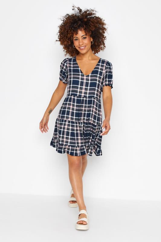 Petite Navy Blue Check Tiered Frill Tunic Dress 1