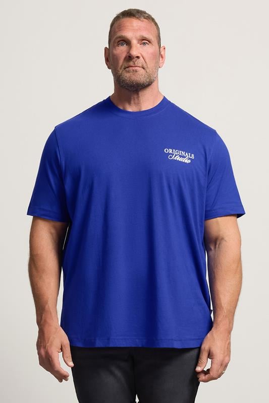  JACK & JONES T-shirt à col rond bleu à imprimé graphique au dos Big & Tall