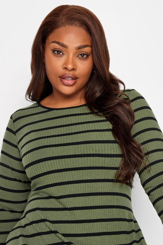 YOURS Curve Plus Size Khaki Green Stripe Ribbed Maxi Swing Dress | Yours Clothing  5