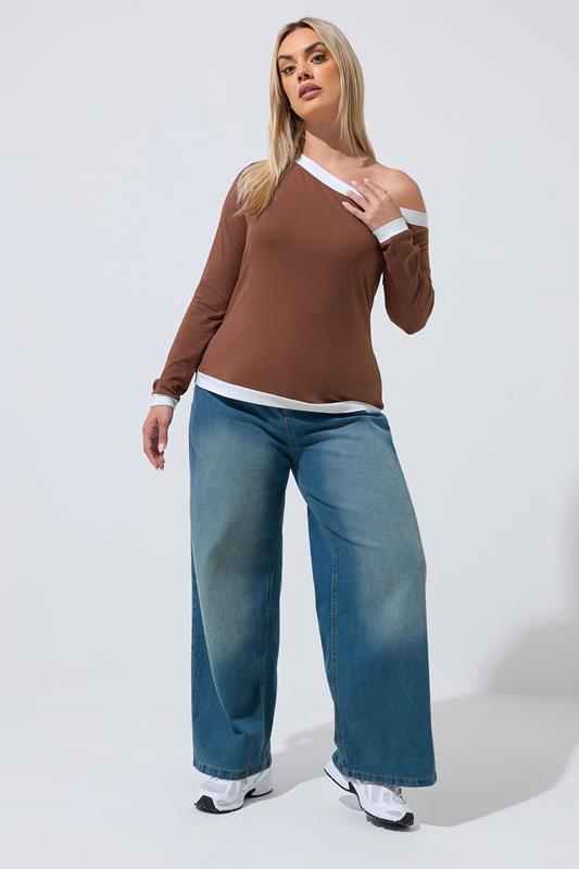 LIMITED COLLECTION Plus Size Chocolate Brown Contrast Off Shoulder Top | Yours Clothing 1