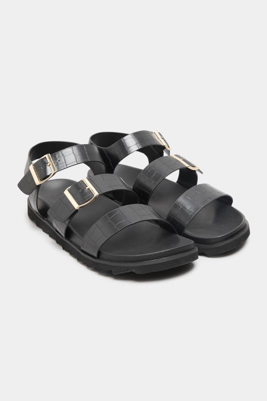 Black Croc Buckle Sandals In Extra Wide Fit | Yours Clothing  2
