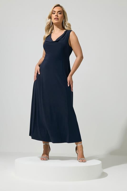  YOURS vestido largo azul marino con drapeado delantero