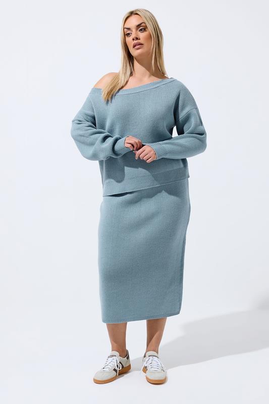 LIMITED COLLECTION Plus Size Blue Knitted Off Shoulder Jumper | Yours Clothing 1