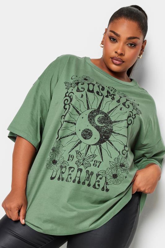 YOURS Plus Size Green 'Cosmic Dreamer' Boxy T-Shirt | Yours Clothing 4