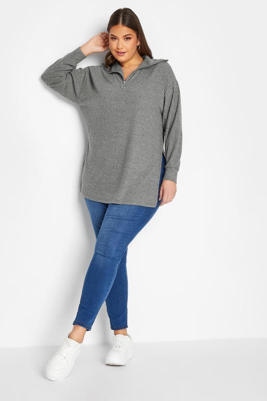 YOURS Plus Size Curve Charcoal Grey Ribbed Half Zip Jumper | Yours Clothing 2