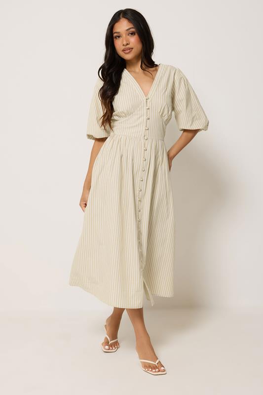 PixieGirl Petite Women's Natural Brown Striped Tea Maxi Dress | PixieGirl 1