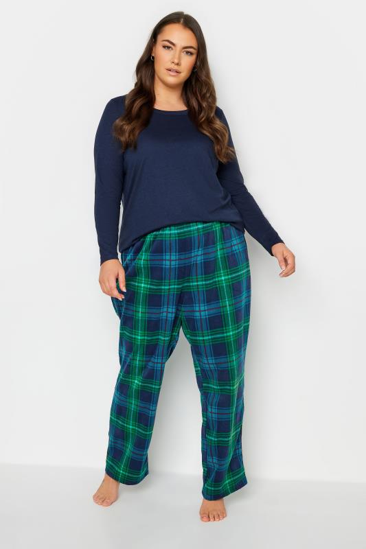 YOURS Curve Plus Size Blue & Green Tartan Print Pyjama Bottoms | Yours Clothing  3