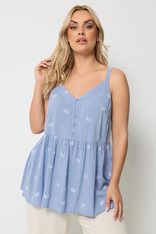YOURS Curve Blue Embroidered Button Cami Vest Top | Yours Clothing 1