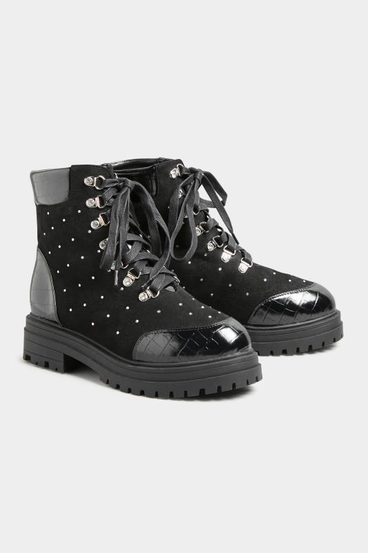 LIMITED COLLECTION Black Faux Suede Diamante Stud Lace Up Boots In Wide Fit | Yours Clothing 4