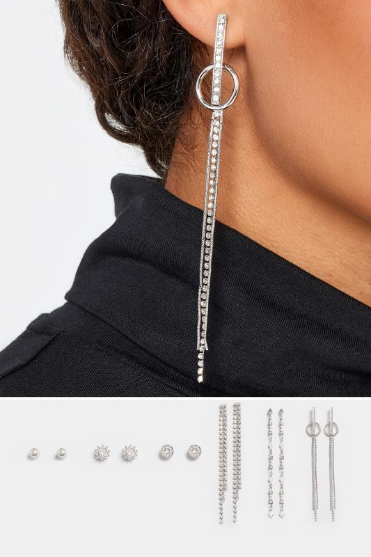 6 PACK Silver Tone Diamante Tassle & Stud Earring Set | Yours Clothing 1
