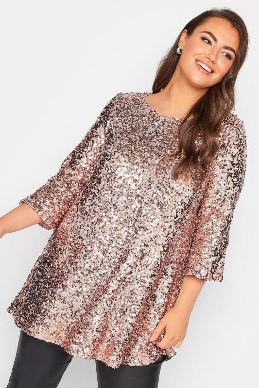 YOURS LONDON Plus Size Pink Sequin Flute Sleeve Top | Yours Clothing 2