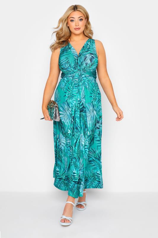 YOURS LONDON Curve Green Tropical Print Knot Front Maxi Dress 2