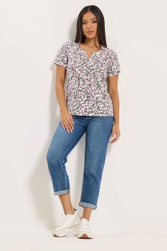 M&Co Petite White & Pink Floral Short Sleeve Cotton Henley Top | M&Co 1