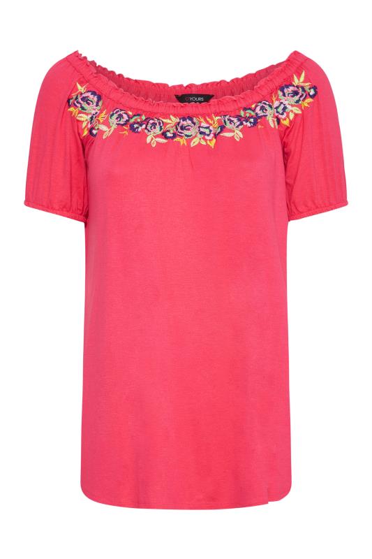 Curve Pink Embroidered Floral Print Bardot Top 6