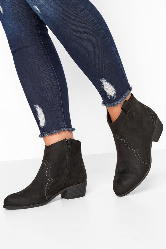 Black Faux Suede Western Ankle Boots In 