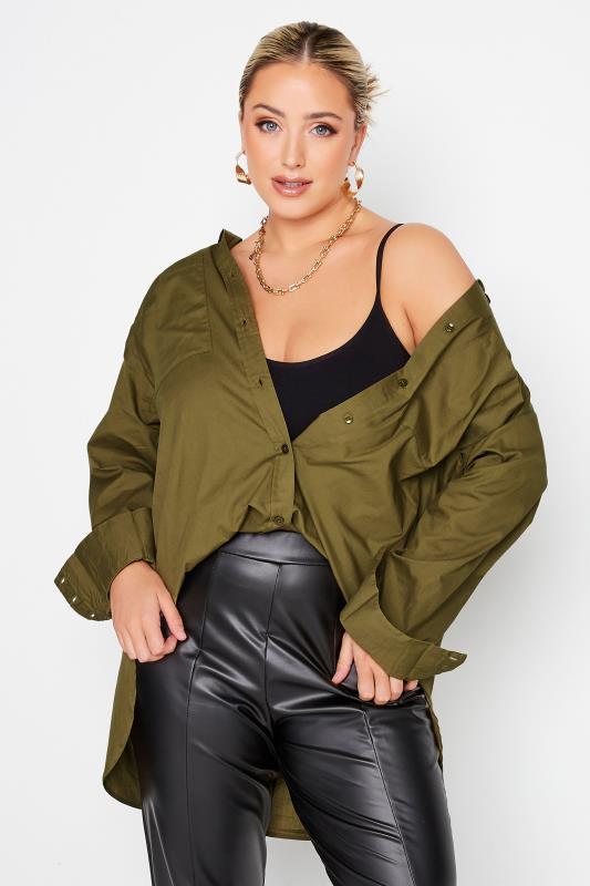 LIMITED COLLECTION Plus Size Khaki Green Oversized Boyfriend Shirt | Yours Clothing 1