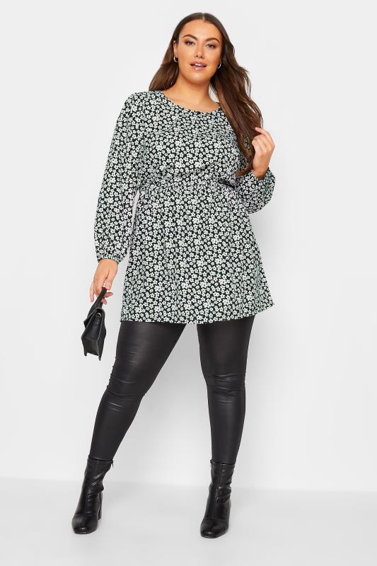 Curve Plus Size Black & White Floral Balloon Sleeve Shirred Waist Peplum Top | Yours Clothing  2