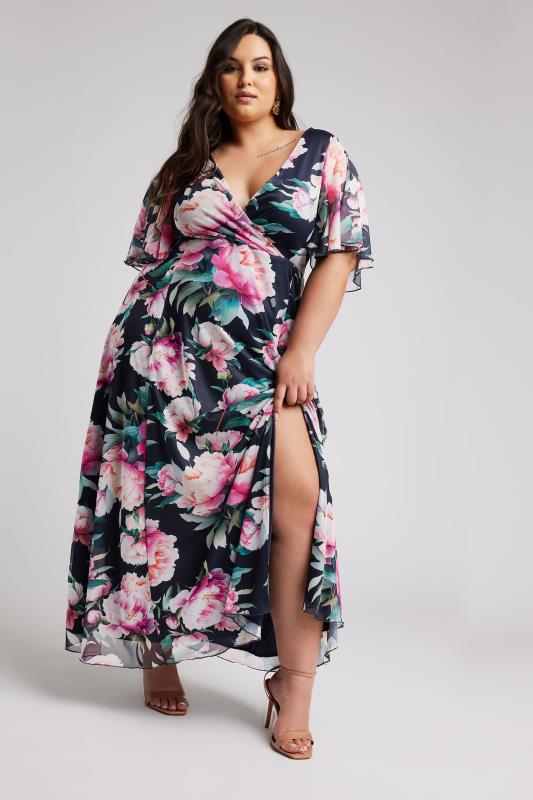 YOURS LONDON Plus Size Navy Blue Floral Print Wrap Maxi Dress | Yours Clothing 2
