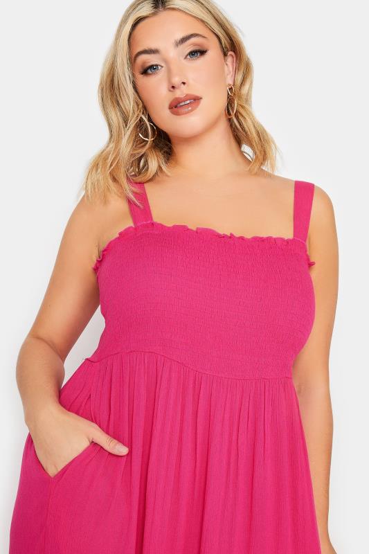 YOURS Plus Size Hot Pink Shirred Strappy Sundress | Yours Clothing  6