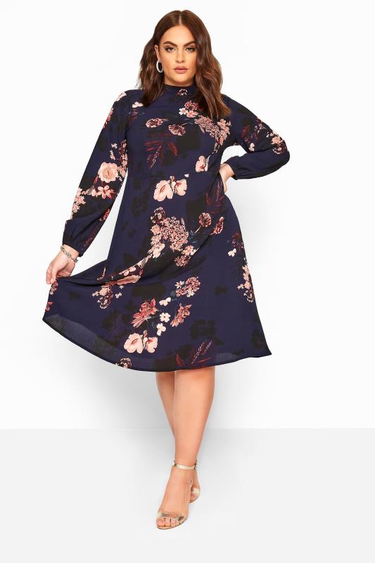 YOURS LONDON Navy Floral Turtleneck Skater Midi Dress | Yours Clothing