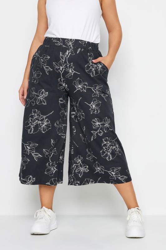 YOURS Plus Size Black Floral Foil Print Midaxi Culottes | Yours Clothing 1