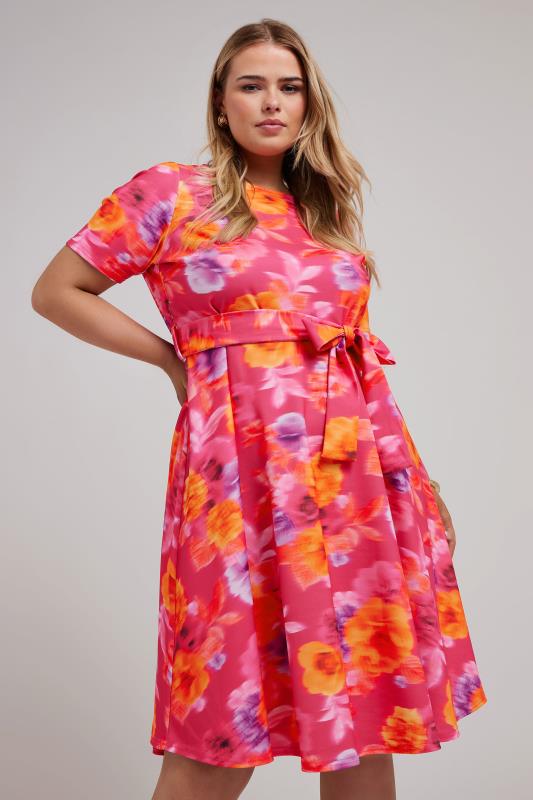  Tallas Grandes YOURS LONDON Curve Pink Floral Print Skater Dress