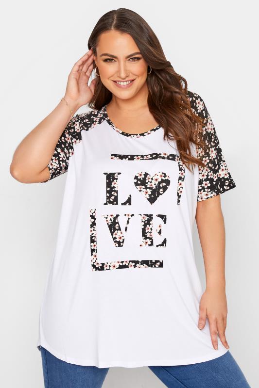  Tallas Grandes Curve White Floral Raglan 'Love' Slogan T-Shirt