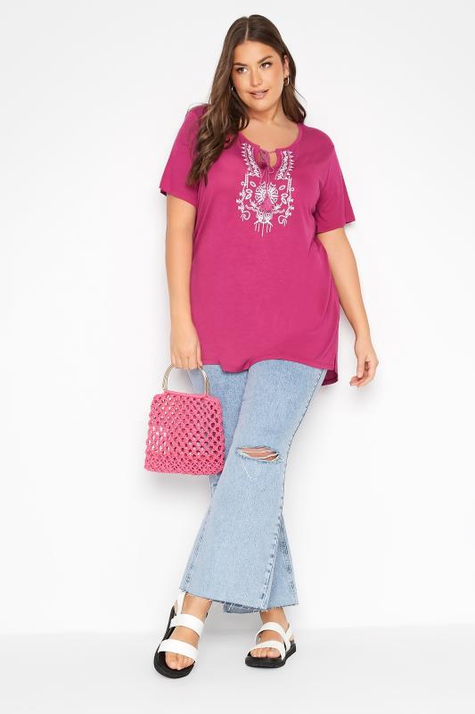 Curve Pink Aztec Embroidered Tie Neck T-Shirt_B.jpg