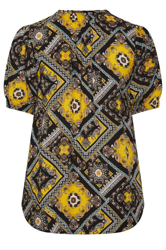 YOURS Plus Size Yellow & Black Paisley Tie Neck Blouse | Yours Clothing 7