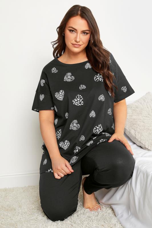 YOURS 2 PACK Curve Black Wild Heart Print Sleeptee Pyjama Tops